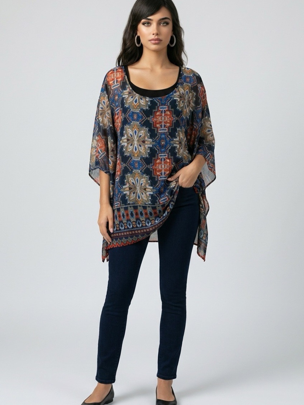 Ariat Sheer Navy Floral Geometric Sheer Asymmetric Tunic